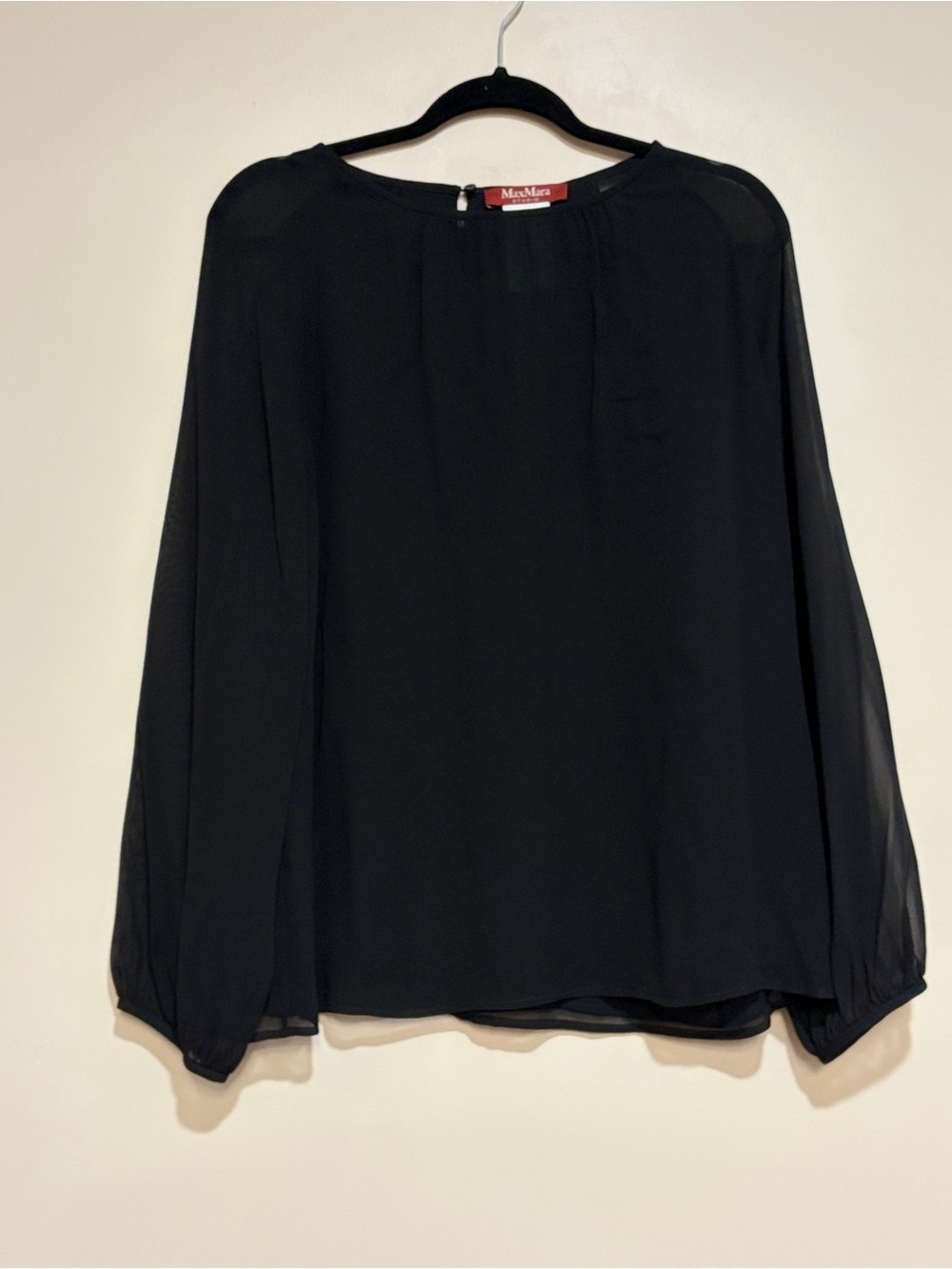 Max Mara | Sheer long blouson sleeve top blouse Women’s size 14 scoop hem office